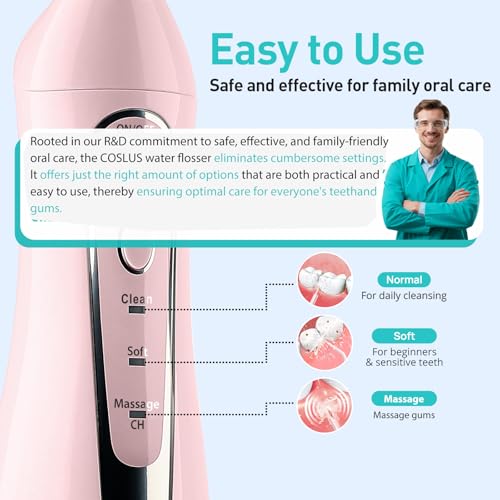 COSLUS Water Dental Flosser Teeth Pick C20(F5020E): Portable Cordless Oral Irrigator 300ML Rechargeable Travel Irrigation Cleaner IPX7 Waterproof Electric Flossing Machine for Teeth Cleaning, Pink - Image 6
