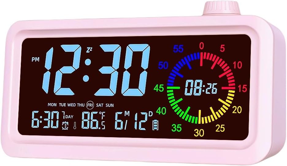Smart Alarm Clock with Visual Timer, Countdown Timer and Temperature, Ideal for Home Gyms, Students, Offices and Dorms (Colorful Pink)
