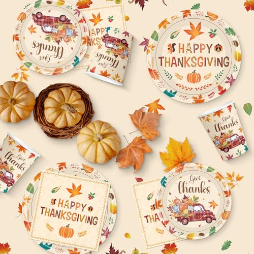 102 Pcs Thanksgiving Party Supplies Sets - Includes Happy Thanksgiving Dinner Paper Plates Napkins, Give Thanks Banner Dessert Plates Cups Tablecloth for Fall Thanks Giving Party Decorations, Serve 25 - image 6