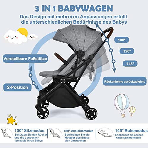 GOPLUS Klappbarer Kinderwagen, Hohe Aussicht Buggy mit 360°Drehbarem Sitz, Verstellbare Rückenlehne, 5-Punkt-Gurt, Stoßdämpfende Räder, Aluminium-Rohrrahmen, Sportwagen für 0-3 Jahre (Grau)
