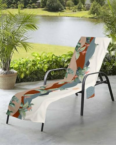 Abstract Boho Beach Chair Towel Covers for Chaise Lounge with Side Pocket, Soft Plush Pool Towels Cover for Patio Sunbathing Outdoor 29''x85'' Tropical Leaves Geometric Watercolor Modern