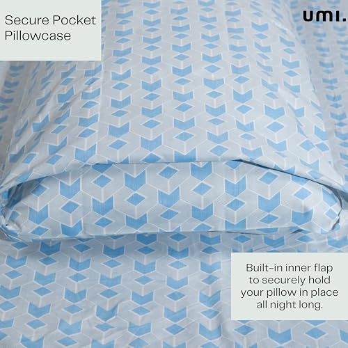 Image of Amazon Brand - Umi Cotton Fitted Bedsheet, Queen Size 78x60 Inches, Elastic Fit Bed Sheet, 10 Inch Deep Pocket, Soft Breathable Bedding, Durable Easy Care, with Pillow Cover-Azure Matrix