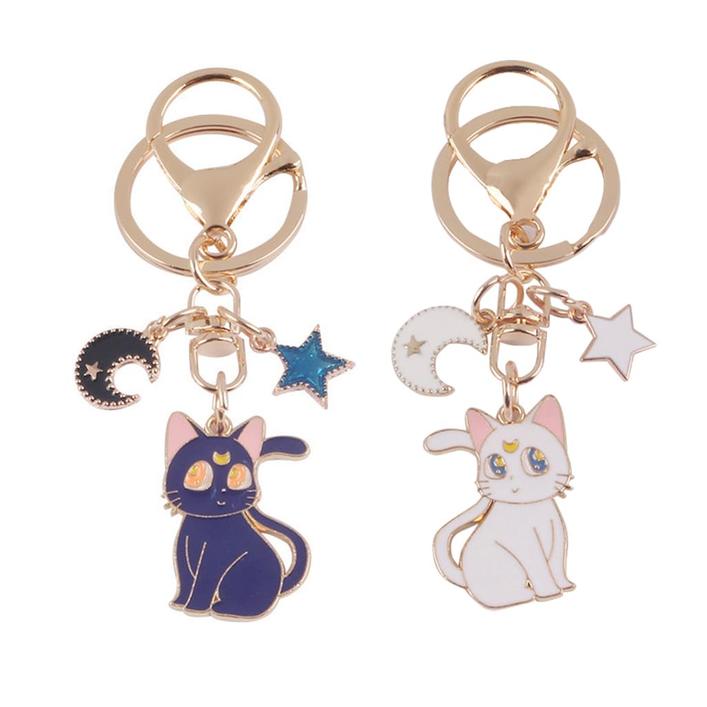 sailorsunny 2 Pack Couples Keychain Enamel Moon Cat Pendant Charm Gold Key Ring Women Cute Purse Charms, Cute Couple Friendship Key Chains Anime cat Key Holder