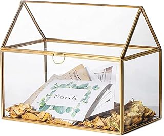 NCYP 26cm Glass Wedding Cards Box with Lid for Receiption, Handmade House Shape Gold Clear Large Geometric Terrarium Planter for Succulents, Home Party Centerpiece Gift (Glass Box Only)