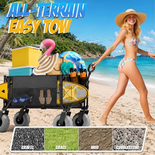 Beach Wagon with Big Wheels for Sand, 350lbs Heavy Duty Folding Wagon, Oversized 180L, 9" PVC All-Terrain Wheels, Adjustable Handle, Cooler & Storage Bags for Beach, Camping & Outdoor Sports (Black) by CAtArt - Image 3