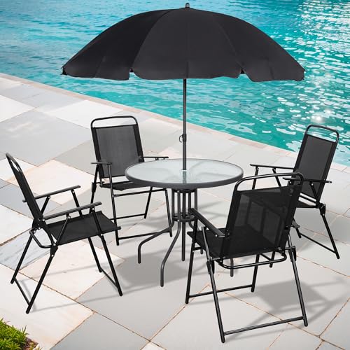 Shintenchi Juego de comedor de patio de 6 piezas con paraguas, juego de muebles de exterior con 4 sillas plegables y mesa de comedor con parte superior de vidrio templado, para césped, patio, jardín
