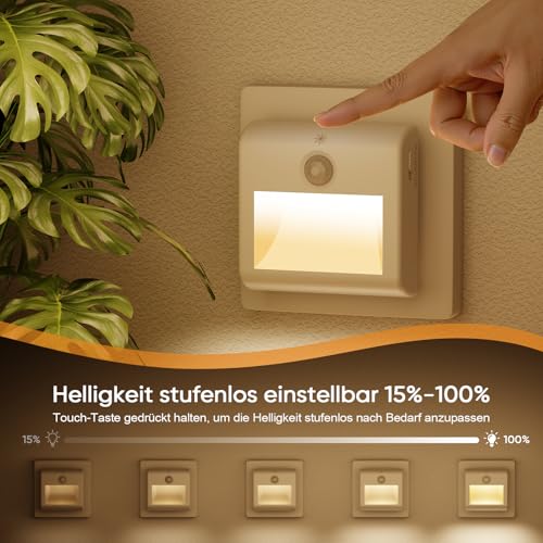 Suright [2 Stück] Nachtlicht Steckdose mit Bewegungsmelder, LED Nachtlichter Warmweißes Licht, 3 Modi (ON/Auto/OFF), Stufenlose Dimmung, für Kinder Schlafzimmer, Flur, Treppenhaus, Küche, Badezimmer