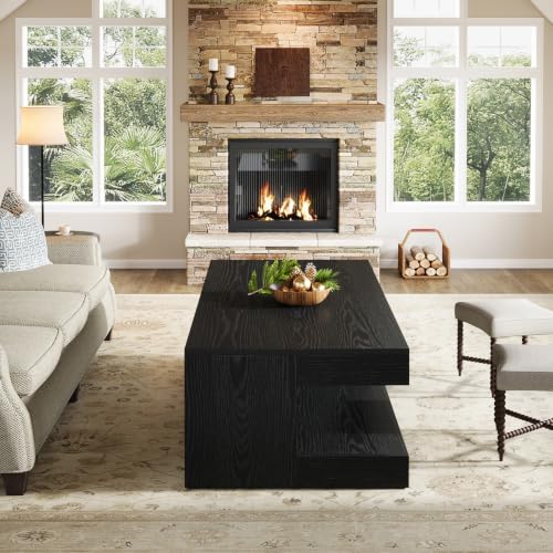 Image of Tribesigns Coffee Table for Living Room, 47.24 Inch Farmhouse 2-Tier Accent Center Tea Cocktail Table with Storage, Rectangle, Black