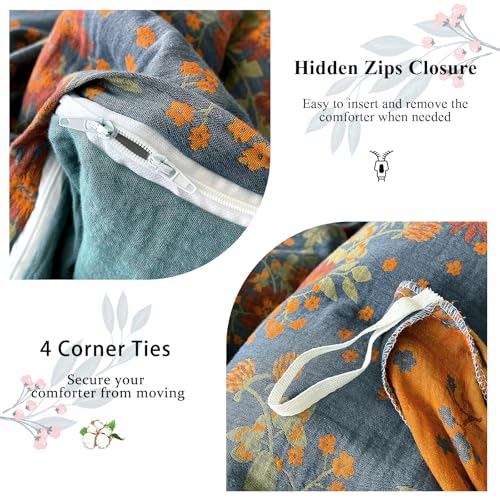 Image of VM VOUGEMARKET Rustic Double Layer Gauze Jacquard Duvet Cover Queen, Dusty Slate Blue with Retro Orange Floral Print, Soft Breathable Boho Comforter Cover with Zipper&Ties