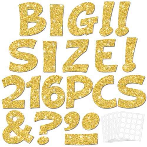 Image of Colarr 216 Pcs 7 Inch Glitter Bulletin Board Letters Large for Classroom Alphabet Punctuation Symbol Cutout Die-Cut Poster Letter with Adhesive Dot School Party Holiday Decor Display(Gold)