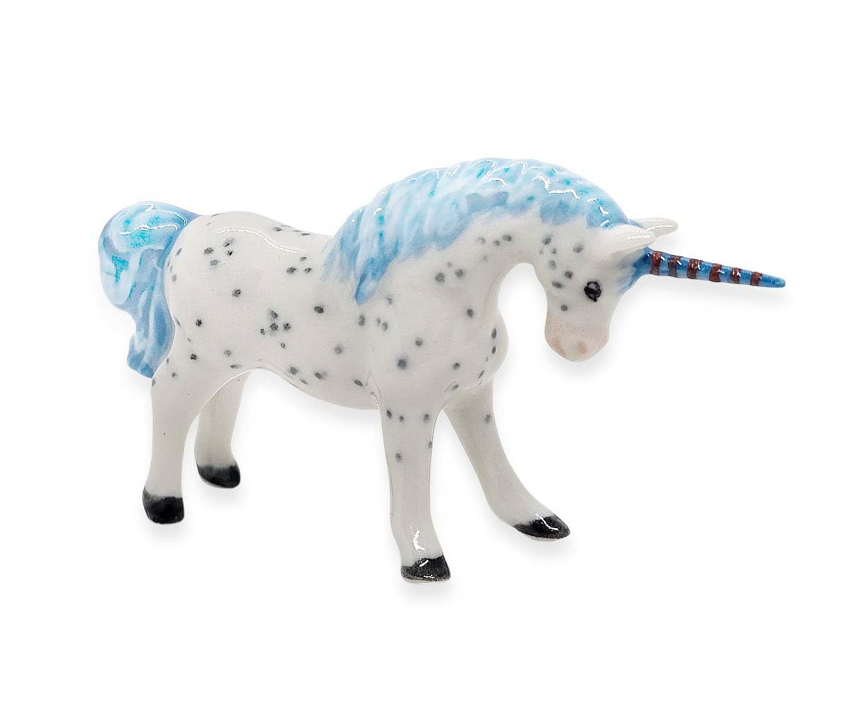 WitnyStore Tiny 2⅞" Long White Blue Spotted Standing Unicorn Figurine - Miniature Hand Made Ceramic Mythical Horse Pegasus Alicorn Alaricorn Fantasy