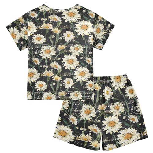 ALAZA Daisy Flowers Music Notes Black Pajama Set Short Sleeve Sleepwear Soft Lounge Nightwear2
