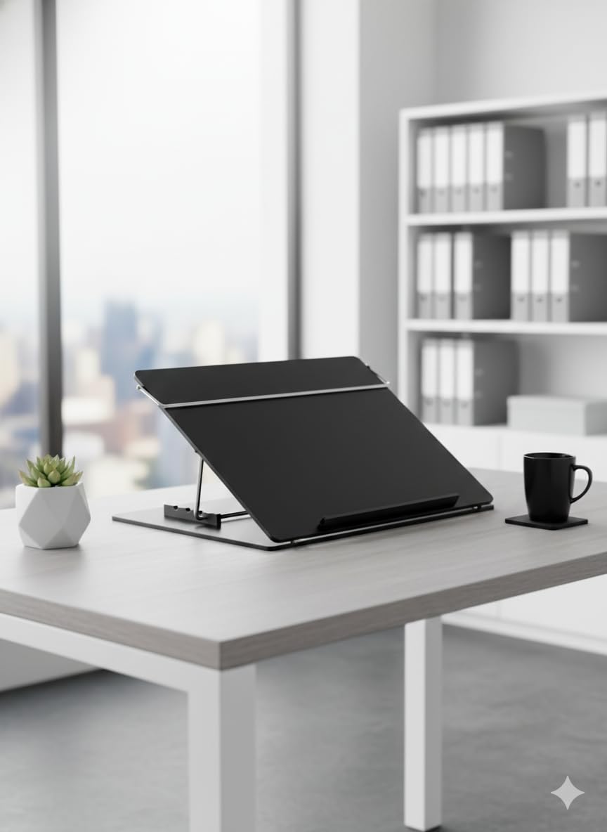Writing Table Top Elevator Writing Desktop Laptop Stand Small Size(12X16-Inch) 7mm Black Smoke Colour (P.S Sheet) with Height Adjustable.