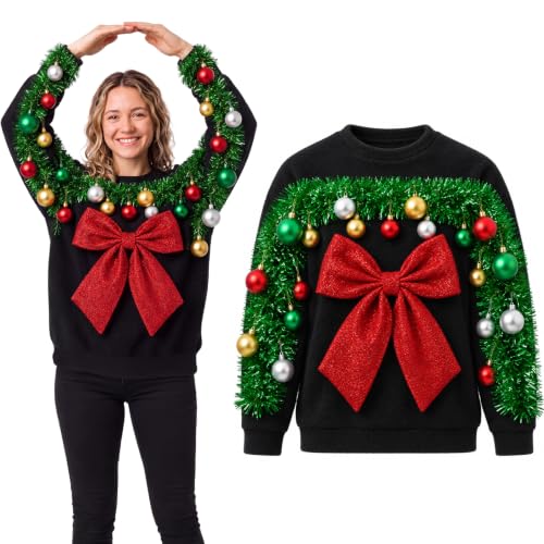 Hercicy Unisex 3D Wreath Ugly Christmas Sweater Glitter Bow Pullover, XL