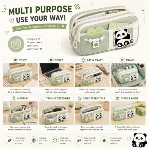 Image of Cute Aesthetic Pencil Case for Girls & Boys | 3 Layer 6 Compartment Large Capacity Pencil Pouch with Zipper | Cartoon Stationery Organizer Bag for Students & Kids (Green)
