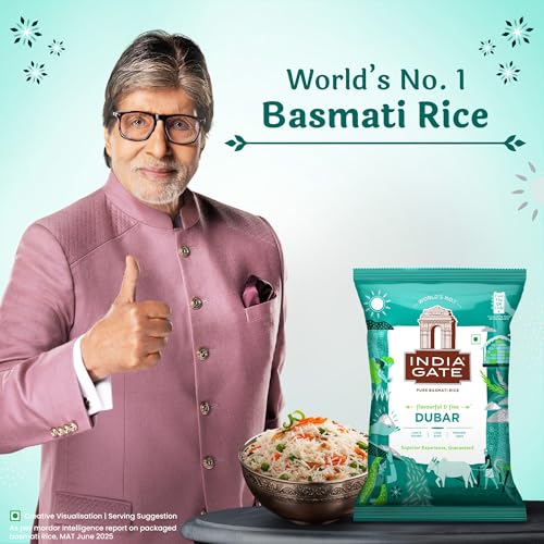 Image of India Gate Dubar Basmati Rice | Long Slender Grains | Fluffy & Non-Sticky | 1 kg (Pack of 3)