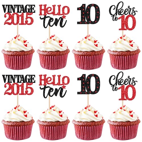 Xsstarmi 24 Pack 10th Birthday Cupcake Toppers Red Glitter 10 Hello Ten Vintage 2015 Cupcake Picks Cheers to 10 Birthday Cake Decorations for 10 Fabulous Happy 10th Birrthday Party Supplies