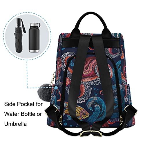 Image of Fustylead Embroidered Octopus Women Fashion Backpack Purse Travel Ladies College Shoulder Bags