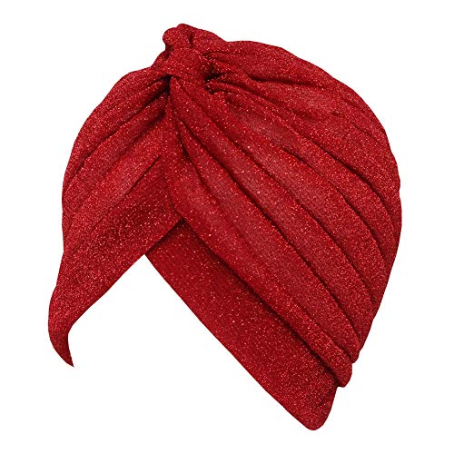 GETACOTA Pleated Glitter Turban for Women Stretchy Hat Beanie Headwrap Knot Twist Elastic Chemo Slip on Cap Headwear Accessories (red)