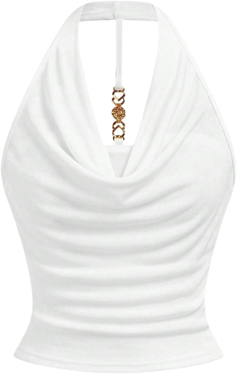 OYOANGLE Girl's Cowl Neck Ruched Sleeveless Halter Top Open Back Ruched Crop Tank Tops