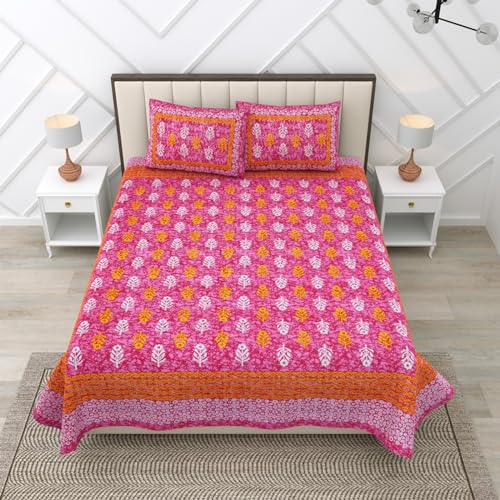 Image of RajasthaniKart 144 TC Pure 100% Cotton Double Bed Sheet with 2 Pillow Covers (Bedsheet for Double Bed Cotton, Pink Small Booty Jaipuri, King Size,5299)