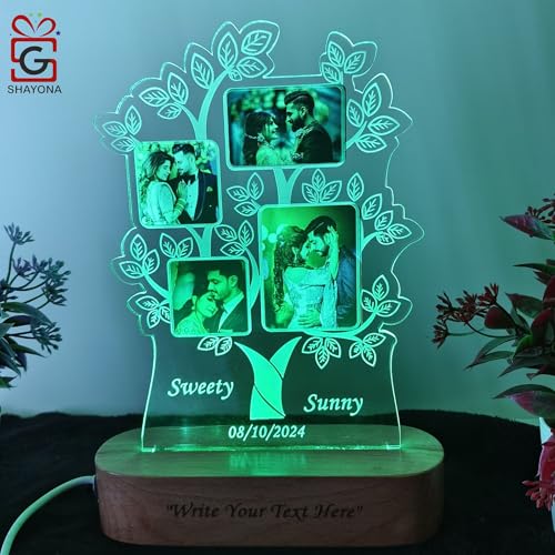 Image of Personalized 3D Illusion Family Tree Photo Night Lamp Gift for Couple Birthday, Brother Sister Anniversary, Wedding, Engagement (28cmx18cm)- Multicolor
