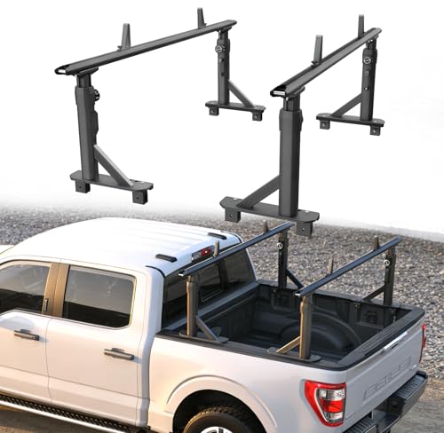 Image of TRUMGETA Adjustable Aluminum Truck Ladder Rack Fit for F150 Silverado Ram Sierra, Clamp-On No Drill Installation, Heavy Duty 1100 LBS Load Capacity, Truck Bed Rack for Ladders, Kayaks, Bikes