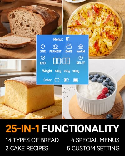 Image of MERIOR 25-IN-1 Bread Maker with Visible Lid | 2lb Automatic Machine, Auto Nut Dispenser, 13-Hour Delay Timer, One-Touch Control & Recipes - Easy Operation, High Success for Homemade Bread. Light Gray