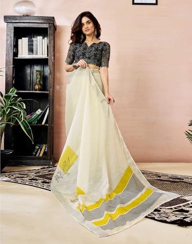 Image of SIRIL Women's Printed Cotton Linen One Minute Ready to Wear Saree With Unstitched Blouse Piece