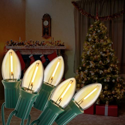 Image of 25FT C7 Christmas Lights Outdoor, Warm White LED String Lights with 25 Clear Bulbs for Roof Line, Fence, Xmas Trees Decor, Green Wire