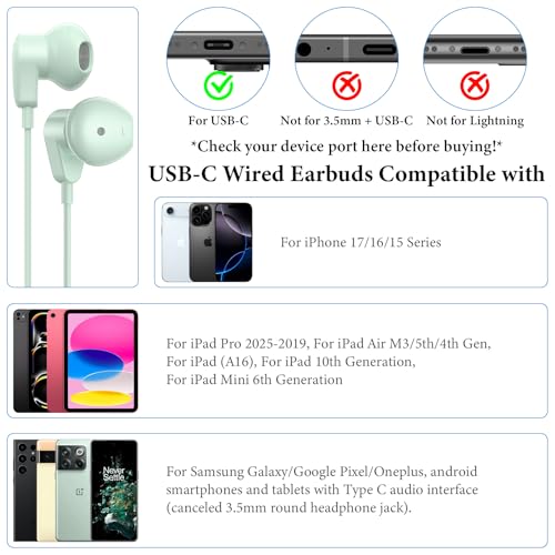 APETOO USB C Headphones for iPhone 17 16 15 Pro Max/iPad Air Earbuds Green