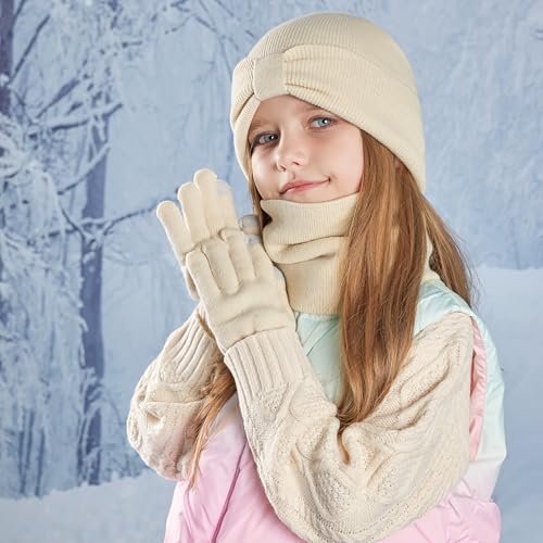 Kids Winter Bow Beanie Hat Scarf Touch Screen Glove Set for Boys Girls 3-8 Years4