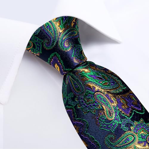 Image of DiBanGu Silk Floral Ties for Men Woven Paisley Necktie and Tie Clip Handkerchief Cufflinks Set for Party Wedding