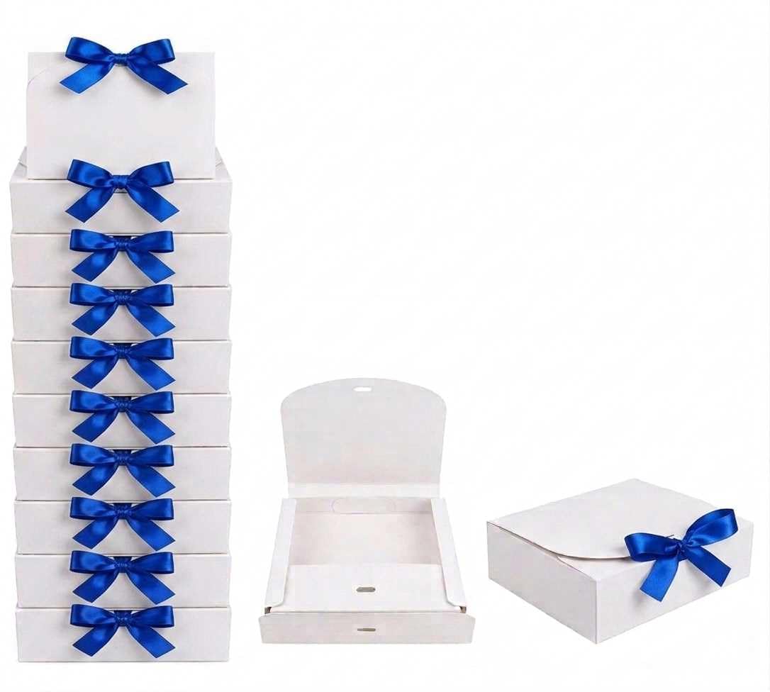 Emartbuy White Kraft Gift Box with Dark Blue Ribbon – 31 x 25.5 x 8 cm – Fits Books, Photo Frames & Flat Gift Sets – Birthdays Weddings Christmas Corporate Gifting Trade Wholesale – Pack of 12