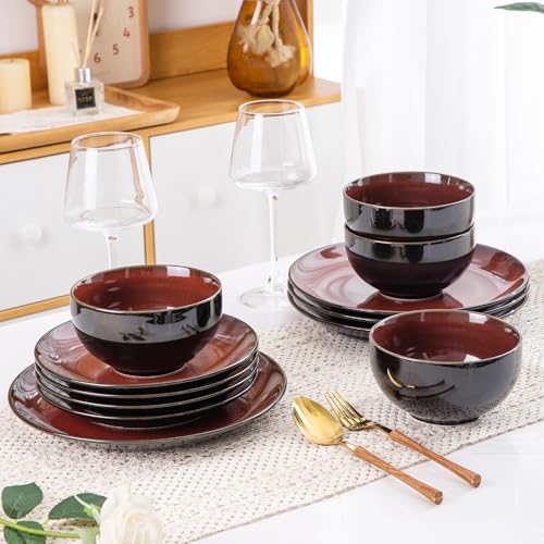 Image of LERATIO Ceramic Dinnerware Sets for 8,Stoneware Plates and Bowls Sets,Handmade Reactive Glaze Dishes Set,Chip Resistant and Scratch Resistant | Oven&Dishwasher & Microwave Safe-Red (24PCS)