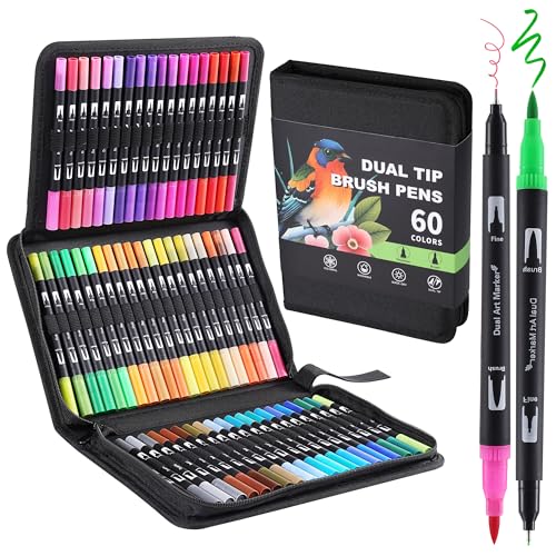 nauets 60 Colors Brush & Fine Dual Tip Watercolor Markers for Adult Coloring Books No Bleeding Professional Paint Pens For Drawing Note taking Planner Calligraphy Journaling Card Making Art Supplies