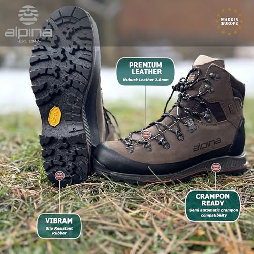 Alpina NEPAL Premium Men’s Mountaineering Boots – Nubuck Leather Sympatex Waterproof Hiking Boots with Slip Resistant Sole, VCP Fit System, E-Foam Cushioning, Crampon Compatible, Handmade in Europe2