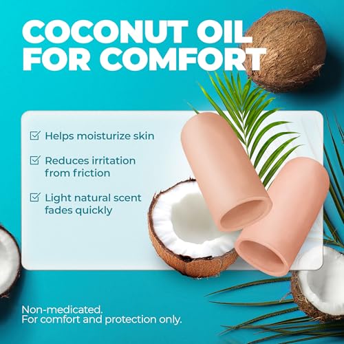 Image of Soft Gel Toe Caps with Healing Coconut Oil - 6 Reusable Small Toe Protectors for Ingrown or Missing Toenails, Corns, Calluses & Blister Relief