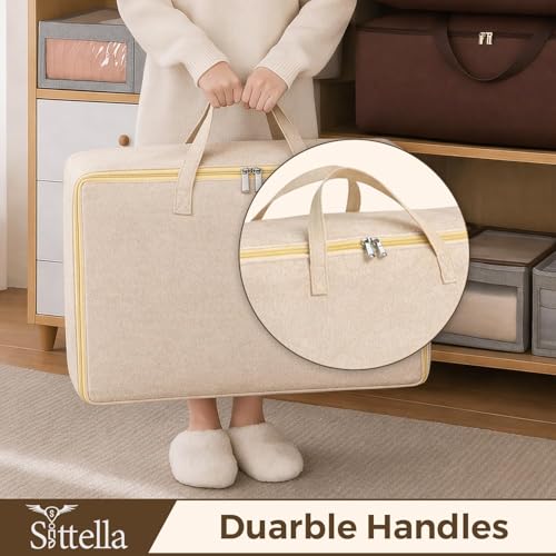 Image of SITTELLA 3 Pack Large Foldable Storage Bags 79 L | Fabric Storage Organizer Box with Zip | Blanket, Quilt & Household Item Storage | Space Saving Storage Container | Beige