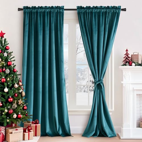JIUZHEN Teal Velvet Blackout Curtains 60W x 84L 2 Panels with Tiebacks