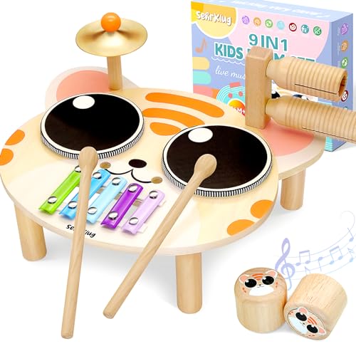 SehrKlug Drum Set for Toddlers 1-3, Baby Musical Instruments Wooden Toys Xylophone for Toddlers, 9 in 1 Kids Drum Set Montessori Learning Toys for Ages 2-4