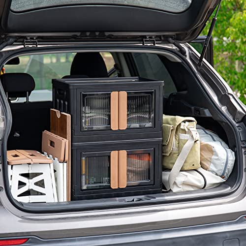 Haixin Outdoor Storage Box With Wooden Cover And Foldable Chair Collapsible Storage Bins With Lids Stackable Outdoor Patio Furniture For Home Office Plastic Camping Car Storage Picnic (1 Set-8.4 Gal) #TOP1