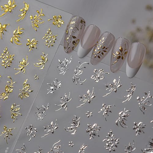 Gold Silver Flower Leaf Nail Art Stickers 2 Sheets Self-Adhesive ...
