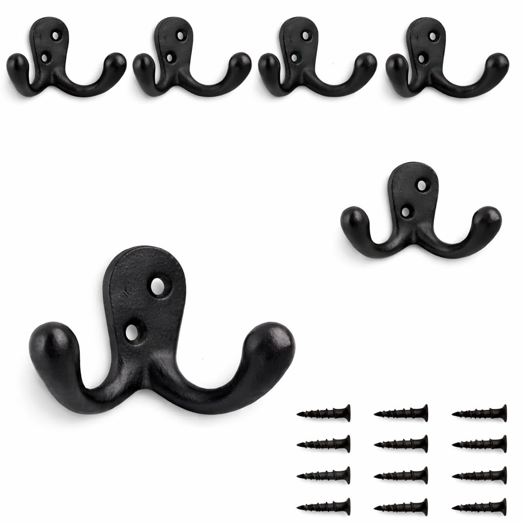 Fayesia Black Wrought Iron Hooks – 6 Pack Decorative Rustic Wall Hooks, Heavy Duty Double Prong Coat & Towel Hangers with Screws