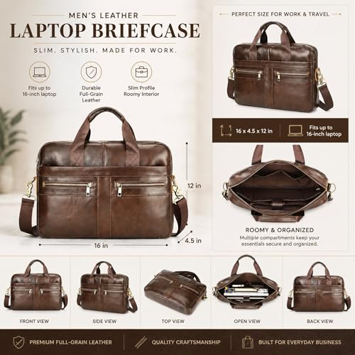 Image of Men's Leather Laptop Bag 15 IN, Water-Resistant Briefcase Messenger Bag for Work, Business, Shoulder Crossbody Office Satchel