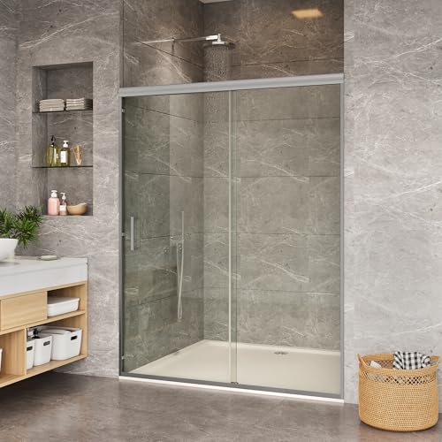 Image of Semi-Frameless Shower Door, 56-60 inch Adjustable Width x 72 inch Height, One Fixed & One Sliding Panel, 6mm (1 /4 inch) SGCC Tempered Glass, Brushed Stainless Steel Handles, Reversible Installation