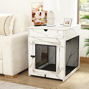 Piskyet Dog Crate FurnitureWooden Dog Crate End Table with Storage DrawerCushionTray QC30 Wireless ChargingDual USBMedium Dogs Marble White