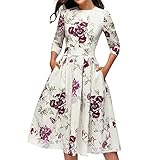 Women's Vintage A-line Dress,Elegent Long Sleeve Floral Print Slim Cocktail Dresses (L, White)