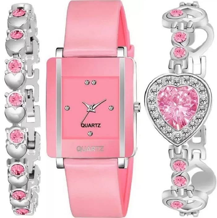 Acnos Silicone Premium Pink Dial Square Analog Watch Heart Diamond Bracelet Pu Belt Watch For Girls Watch For Women Pack Of 3, Pink Band (B0C3XLDY4R) Amazon Price History, Amazon Price Tracker