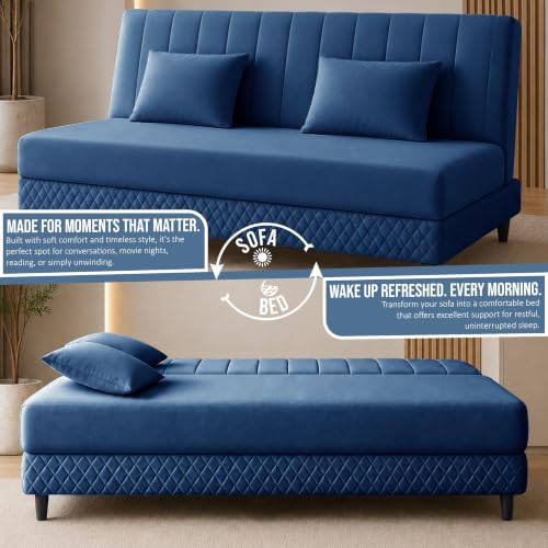 Image of Rosebell Modern 3 Seater Velvet Sofa Cum Bed with Cushion | Premium Upholstered Fabric | Tufted Backrest | Wooden Legs | Living Room Furniture | Blue
